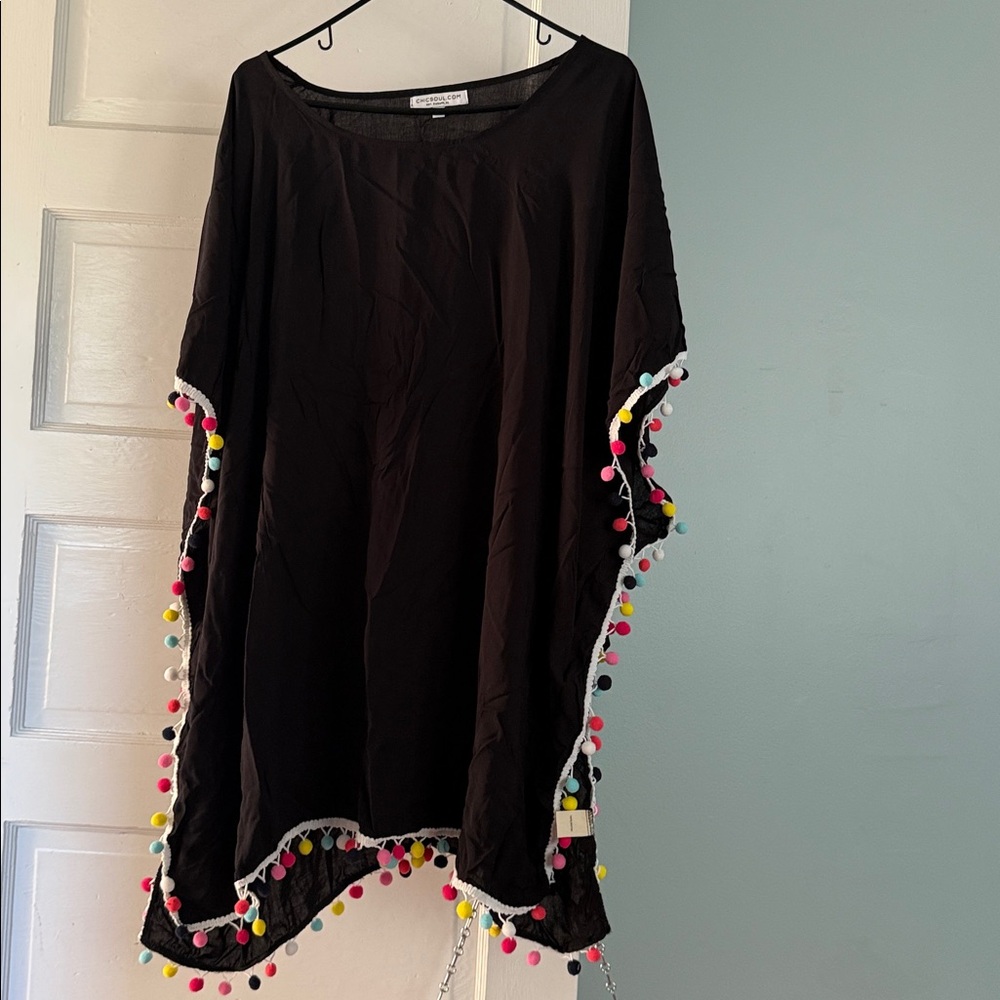 Black Chic Soul bathing suit cover up with Colorful Pom Poms